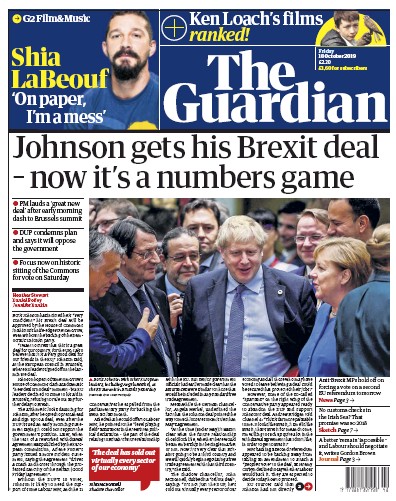 The Guardian Newspaper Front Page for 18 October 2019