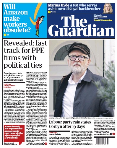The Guardian (UK) Newspaper Front Page for 18 November 2020