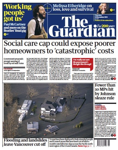 The Guardian (UK) Newspaper Front Page for 18 November 2021