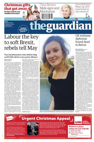 The Guardian (UK) Newspaper Front Page for 18 December 2017