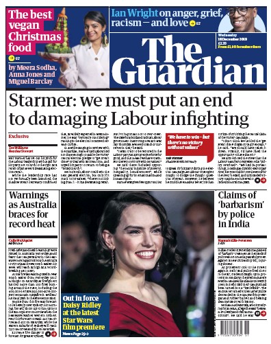 The Guardian Newspaper Front Page for 18 December 2019