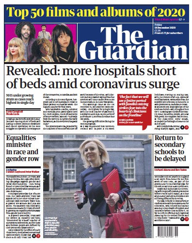 The Guardian Newspaper Front Page for 18 December 2020
