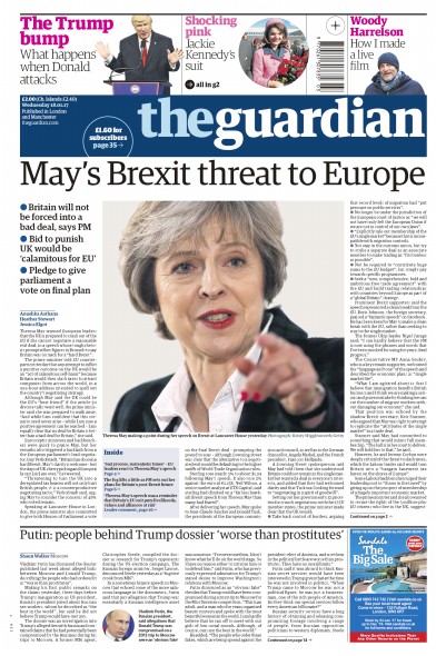 The Guardian Newspaper Front Page for 18 January 2017