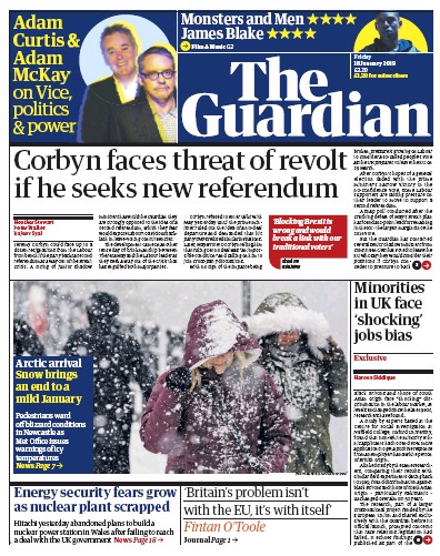 The Guardian Newspaper Front Page for 18 January 2019