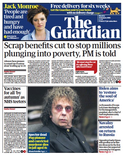 The Guardian Newspaper Front Page for 18 January 2021
