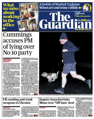 The Guardian (UK) Newspaper Front Page for 18 January 2022