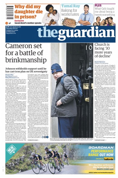 The Guardian Newspaper Front Page for 18 February 2016