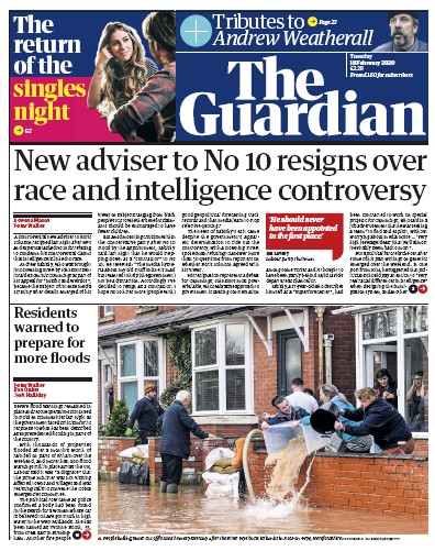 The Guardian (UK) Newspaper Front Page for 18 February 2020