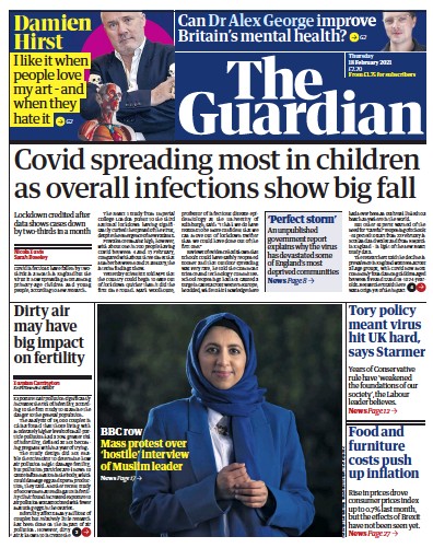 The Guardian Newspaper Front Page for 18 February 2021