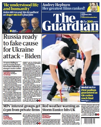The Guardian (UK) Newspaper Front Page for 18 February 2022