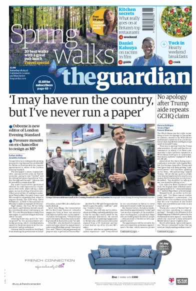 The Guardian Newspaper Front Page for 18 March 2017