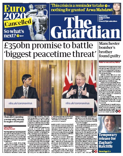 The Guardian Newspaper Front Page for 18 March 2020