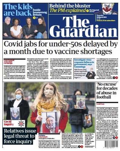 The Guardian (UK) Newspaper Front Page for 18 March 2021