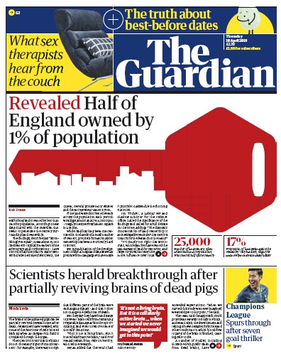 The Guardian (UK) Newspaper Front Page for 18 April 2019