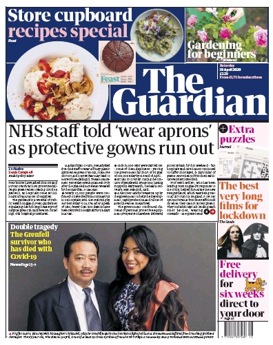 The Guardian Newspaper Front Page for 18 April 2020