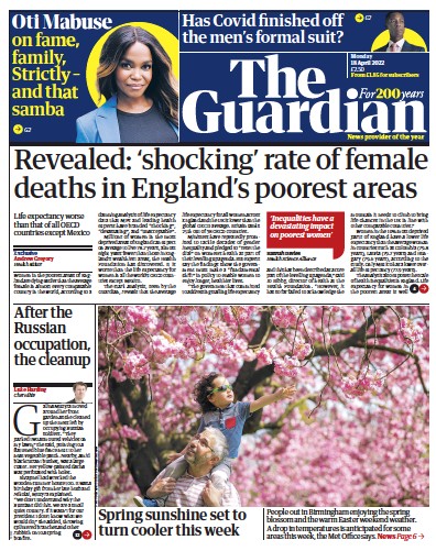 The Guardian (UK) Newspaper Front Page for 18 April 2022