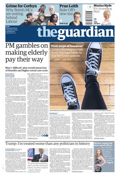 The Guardian (UK) Newspaper Front Page for 18 May 2017
