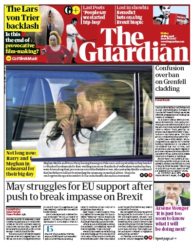 The Guardian Newspaper Front Page for 18 May 2018