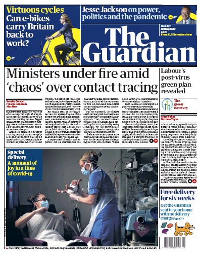 The Guardian Newspaper Front Page for 18 May 2020