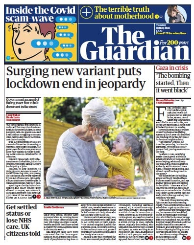 The Guardian (UK) Newspaper Front Page for 18 May 2021