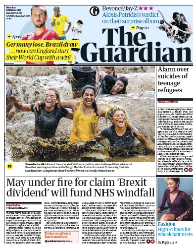 The Guardian Newspaper Front Page for 18 June 2018