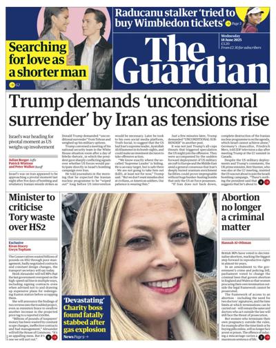 The Guardian (UK) Newspaper Front Page for 18 June 2025