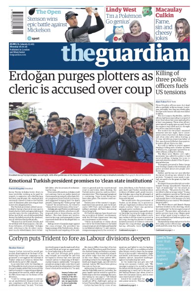 The Guardian (UK) Newspaper Front Page for 18 July 2016