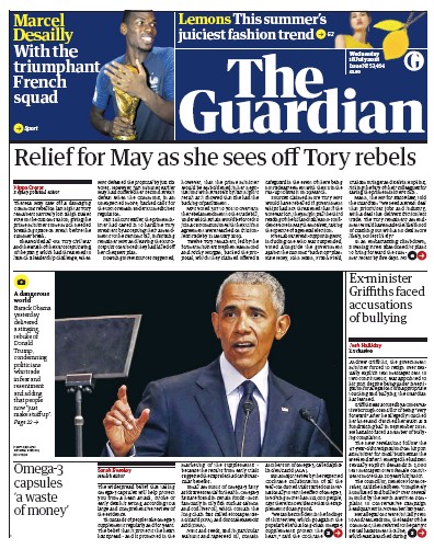The Guardian Newspaper Front Page for 18 July 2018