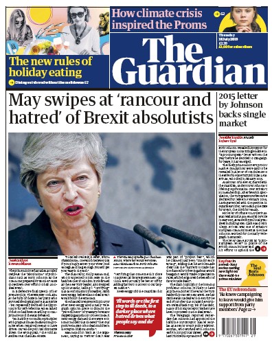 The Guardian Newspaper Front Page for 18 July 2019