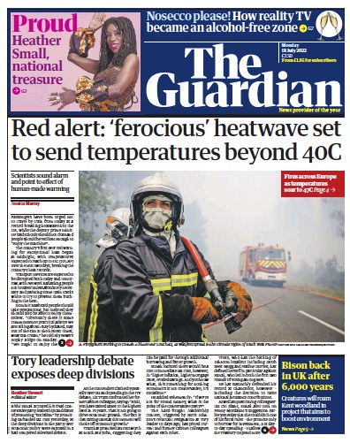 The Guardian (UK) Newspaper Front Page for 18 July 2022