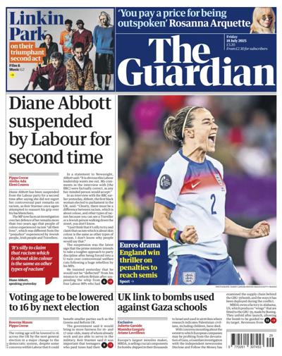 The Guardian (UK) Newspaper Front Page for 18 July 2025