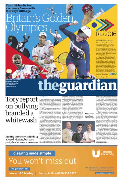 The Guardian Newspaper Front Page for 18 August 2016