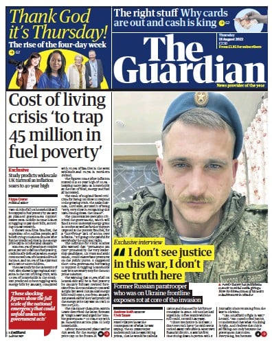 The Guardian (UK) Newspaper Front Page for 18 August 2022