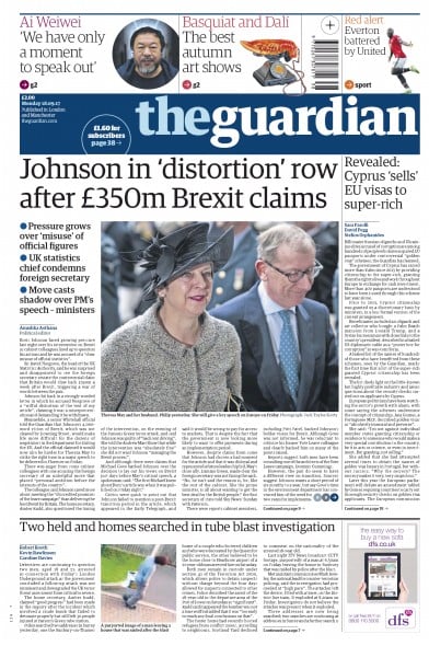 The Guardian Newspaper Front Page for 18 September 2017