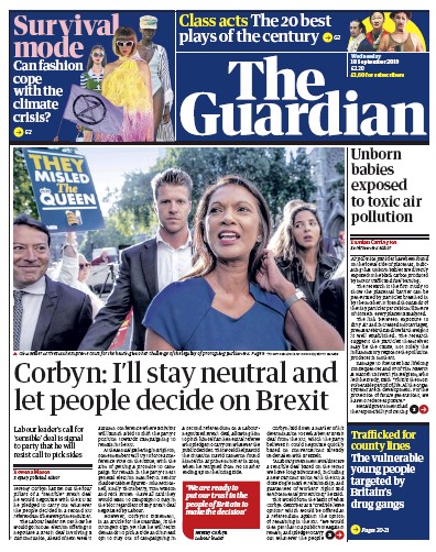 The Guardian Newspaper Front Page for 18 September 2019
