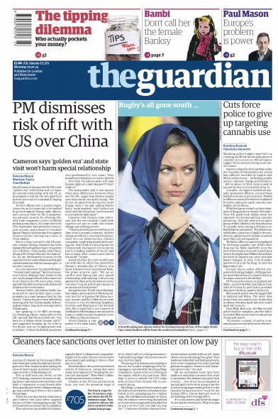 The Guardian Newspaper Front Page for 19 October 2015
