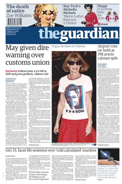 The Guardian Newspaper Front Page for 19 October 2016