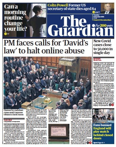 The Guardian (UK) Newspaper Front Page for 19 October 2021