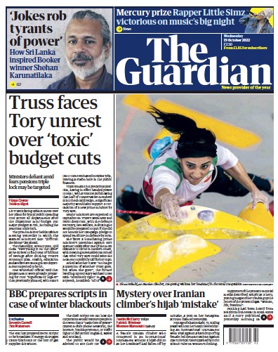 The Guardian Newspaper Front Page for 19 October 2022