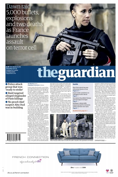 The Guardian Newspaper Front Page for 19 November 2015