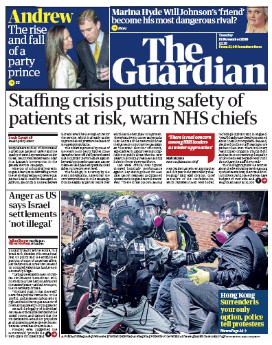 The Guardian Newspaper Front Page for 19 November 2019