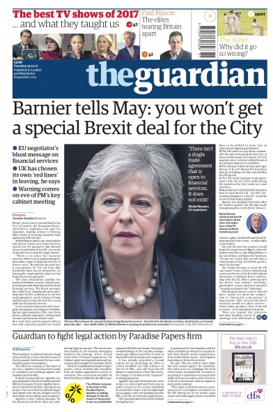 The Guardian Newspaper Front Page for 19 December 2017