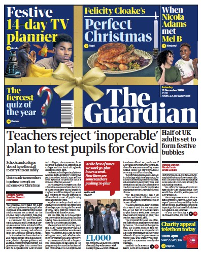 The Guardian Newspaper Front Page for 19 December 2020