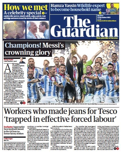 The Guardian Newspaper Front Page for 19 December 2022
