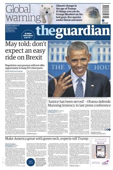 The Guardian Newspaper Front Page for 19 January 2017