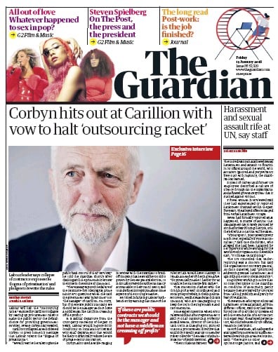 The Guardian Newspaper Front Page for 19 January 2018