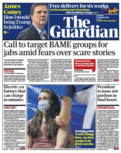 The Guardian Newspaper Front Page for 19 January 2021
