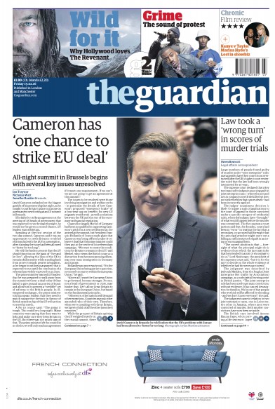 The Guardian Newspaper Front Page for 19 February 2016