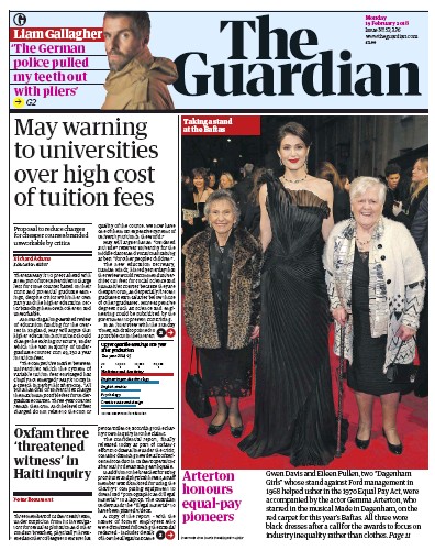 The Guardian Newspaper Front Page for 19 February 2018