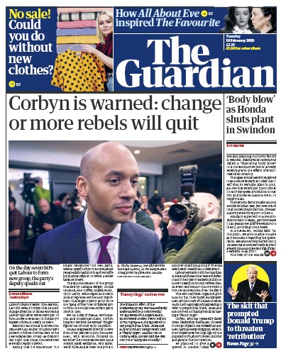 The Guardian (UK) Newspaper Front Page for 19 February 2019